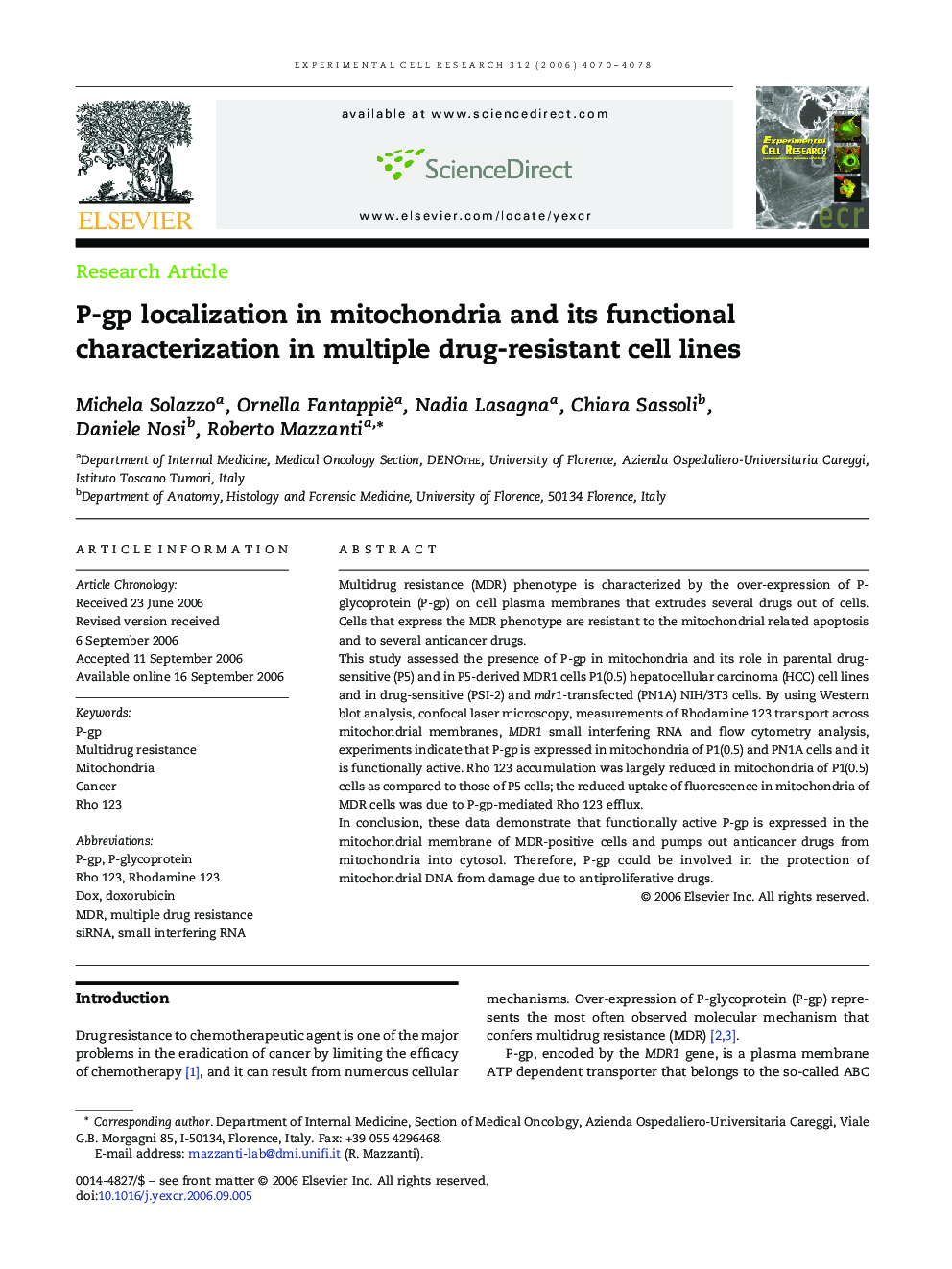 P-gp localization in mitochondria and its functional characterization in multiple drug-resistant cell lines