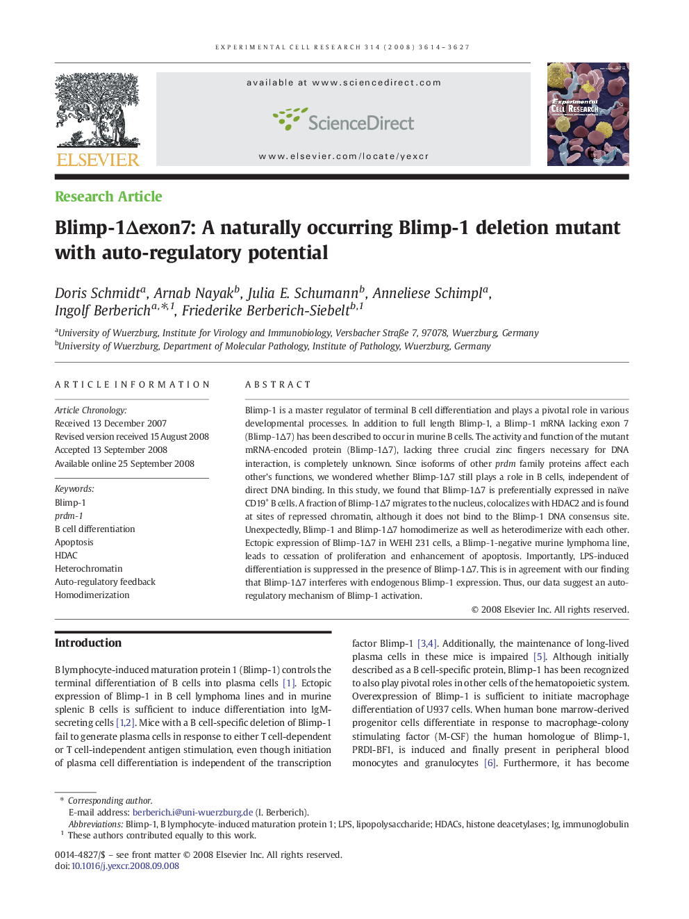 Blimp-1Δexon7: A naturally occurring Blimp-1 deletion mutant with auto-regulatory potential