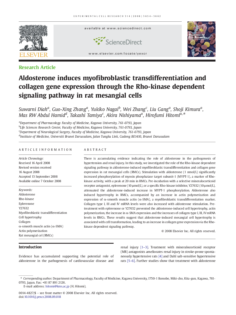 Aldosterone induces myofibroblastic transdifferentiation and collagen gene expression through the Rho-kinase dependent signaling pathway in rat mesangial cells