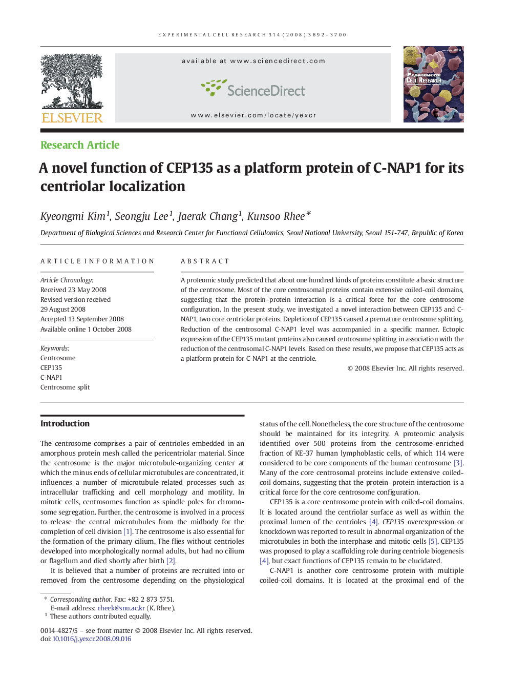 A novel function of CEP135 as a platform protein of C-NAP1 for its centriolar localization