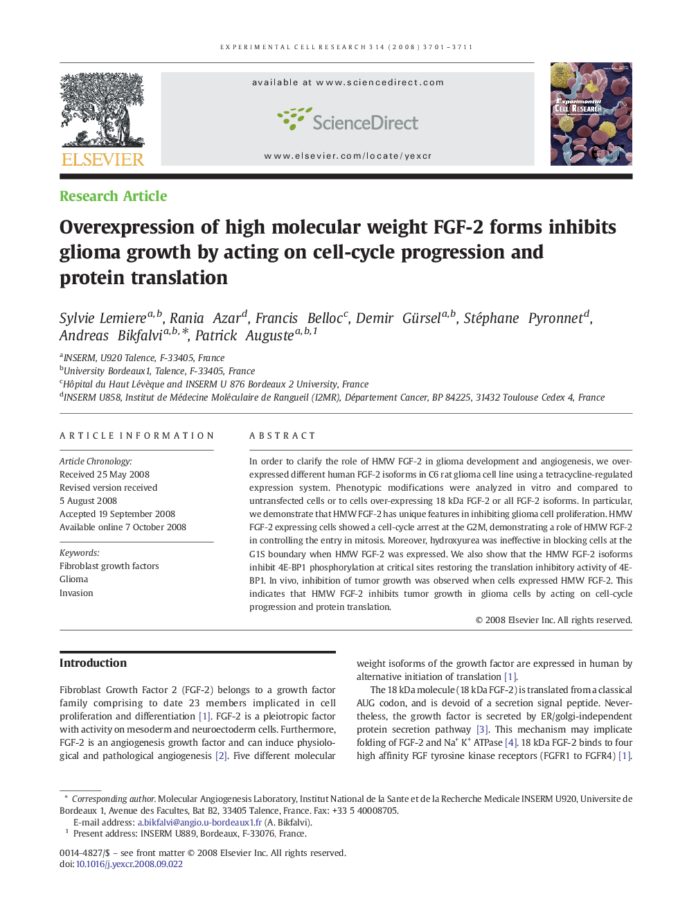 Overexpression of high molecular weight FGF-2 forms inhibits glioma growth by acting on cell-cycle progression and protein translation