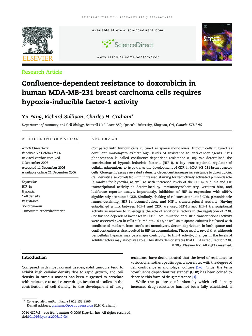 Confluence-dependent resistance to doxorubicin in human MDA-MB-231 breast carcinoma cells requires hypoxia-inducible factor-1 activity