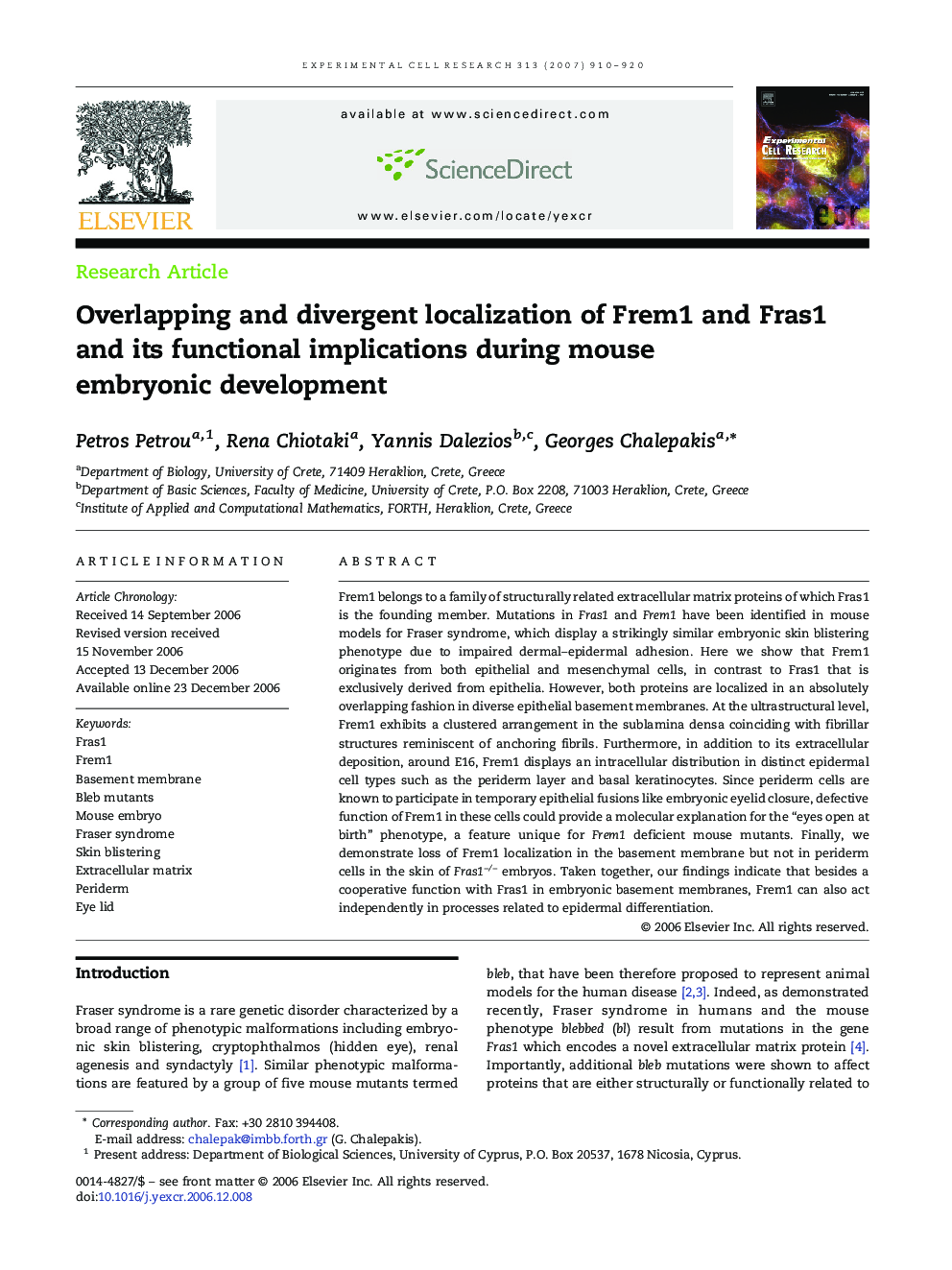 Overlapping and divergent localization of Frem1 and Fras1 and its functional implications during mouse embryonic development