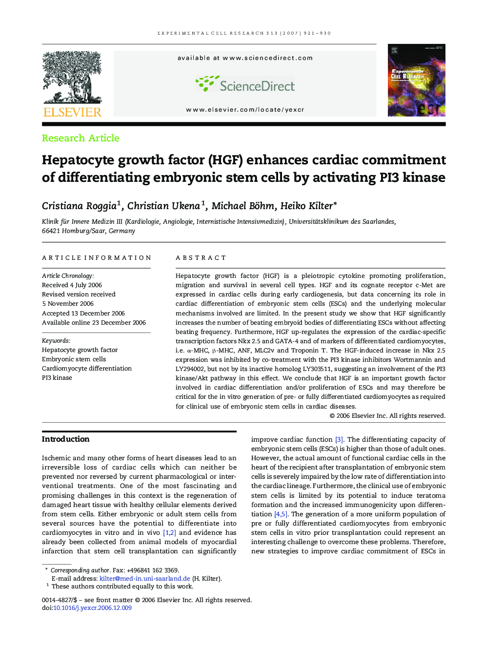 Hepatocyte growth factor (HGF) enhances cardiac commitment of differentiating embryonic stem cells by activating PI3 kinase