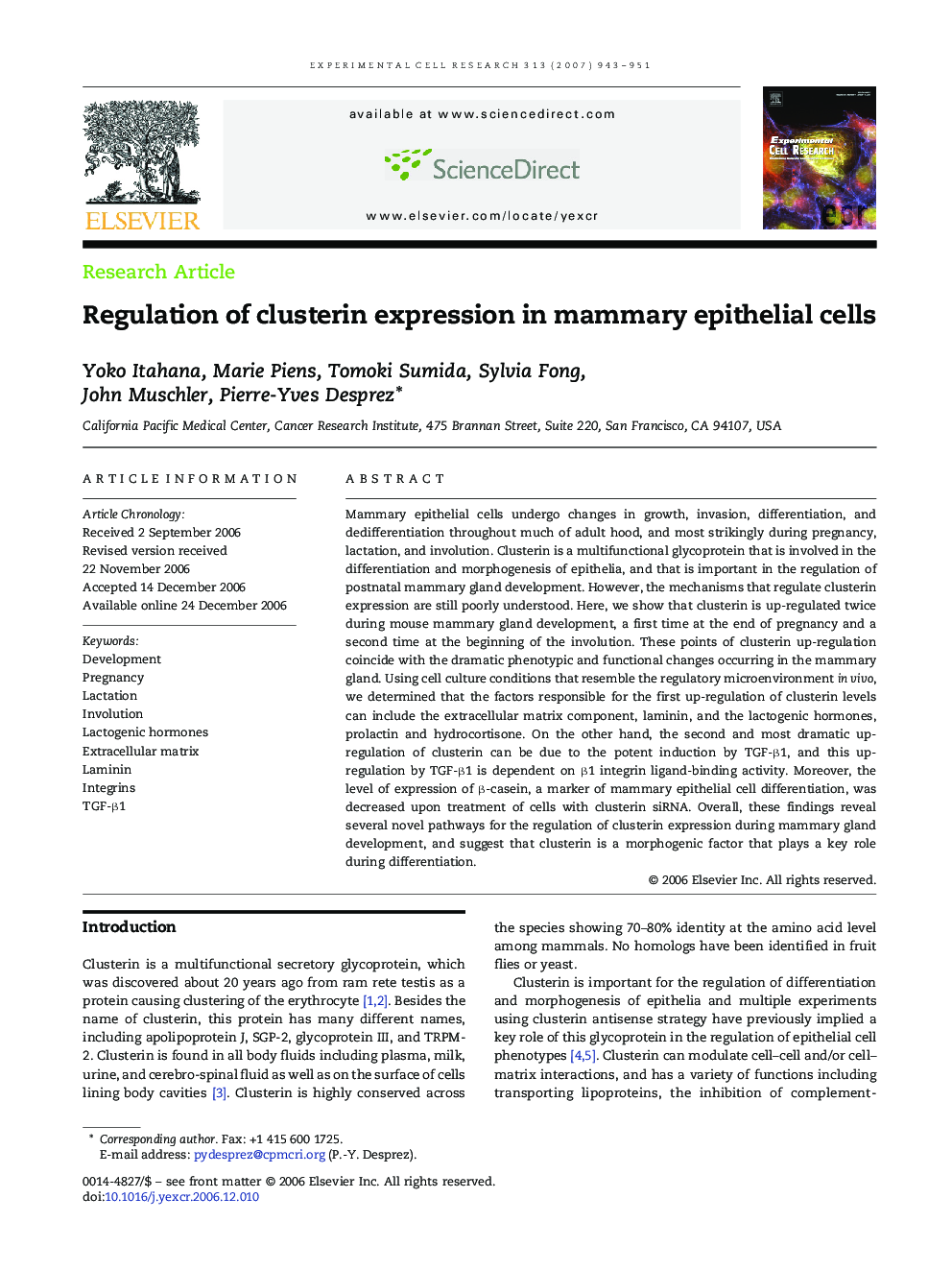 Regulation of clusterin expression in mammary epithelial cells