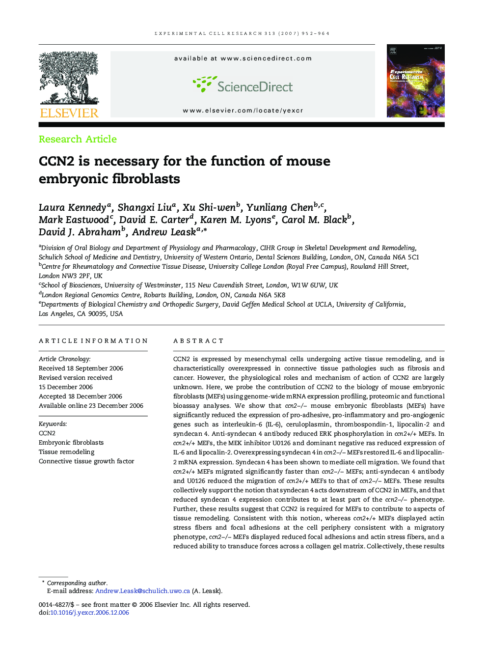 CCN2 is necessary for the function of mouse embryonic fibroblasts