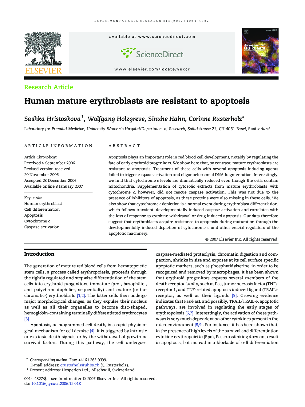 Human mature erythroblasts are resistant to apoptosis