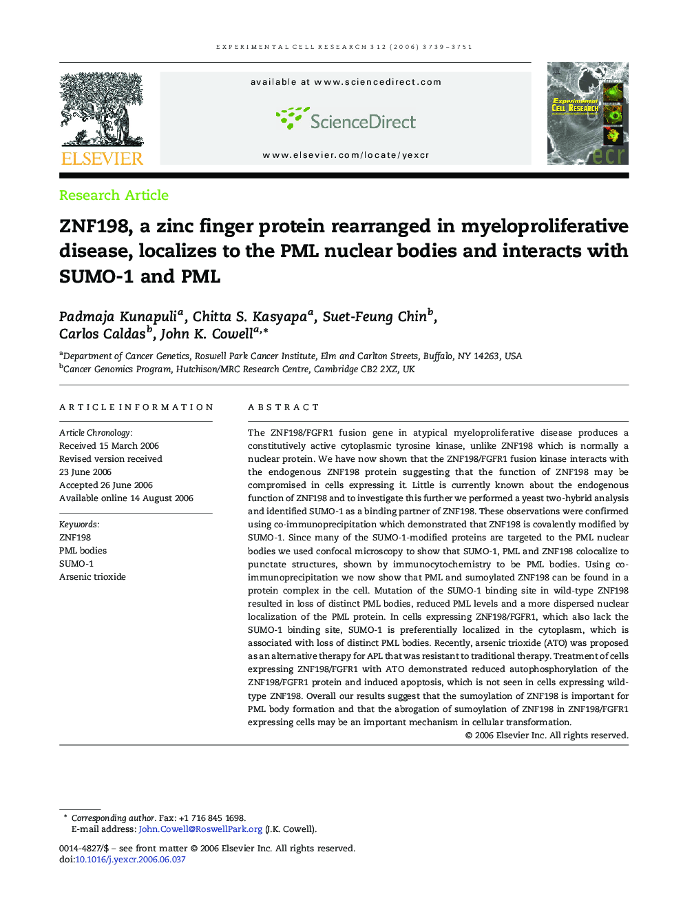 عکس صفحه اول مقاله: ZNF198, a zinc finger protein rearranged in myeloproliferative disease, localizes to the PML nuclear bodies and interacts with SUMO-1 and PML ZNF198, a zinc finger protein rearranged in myeloproliferative disease, localizes to the PML nuclear bodies and interacts with SUMO-1 and PML