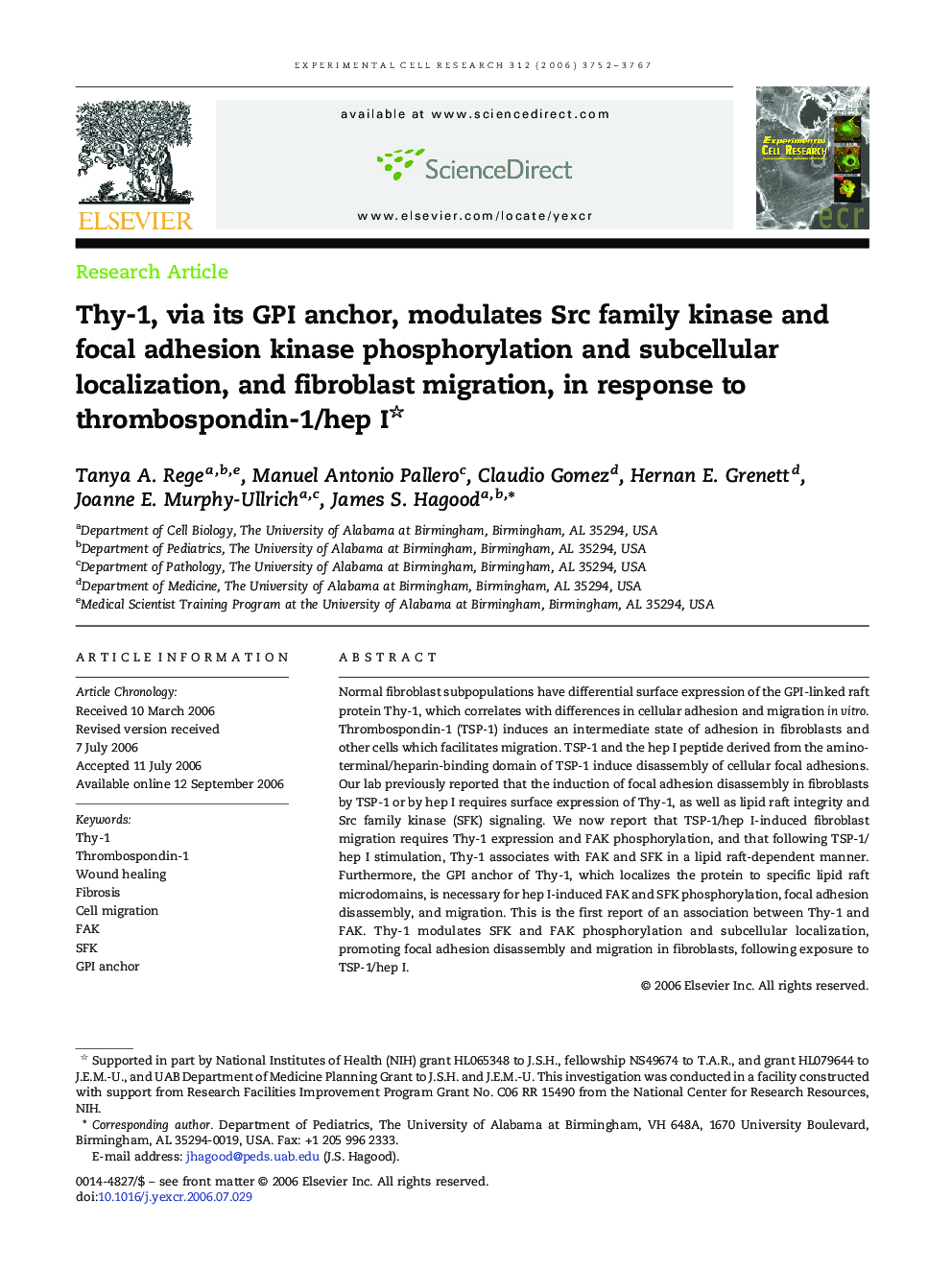 Thy-1, via its GPI anchor, modulates Src family kinase and focal adhesion kinase phosphorylation and subcellular localization, and fibroblast migration, in response to thrombospondin-1/hep I 