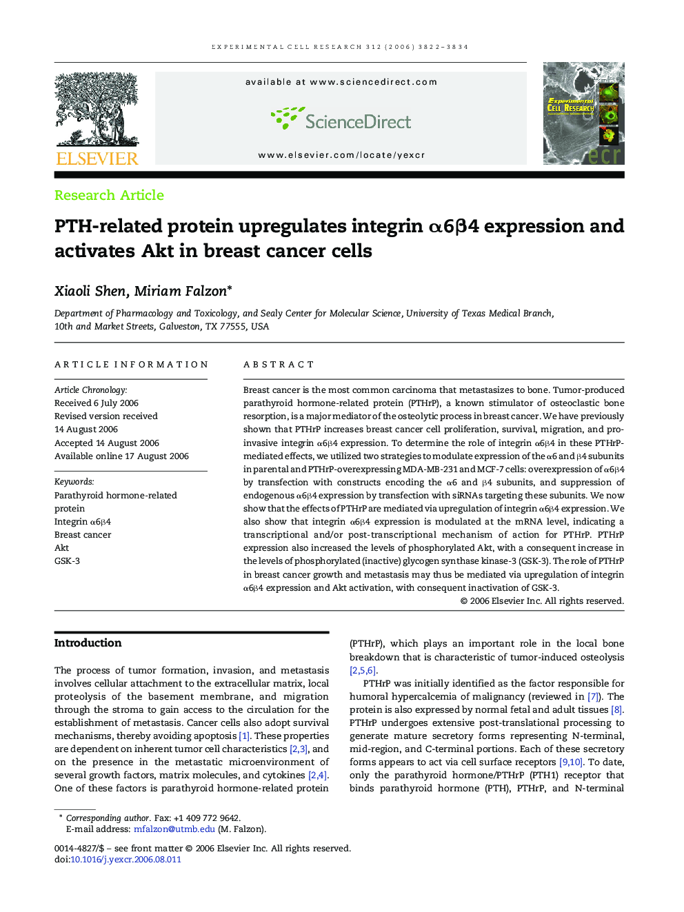 PTH-related protein upregulates integrin α6β4 expression and activates Akt in breast cancer cells