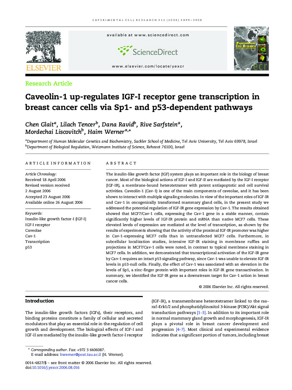 Caveolin-1 up-regulates IGF-I receptor gene transcription in breast cancer cells via Sp1- and p53-dependent pathways