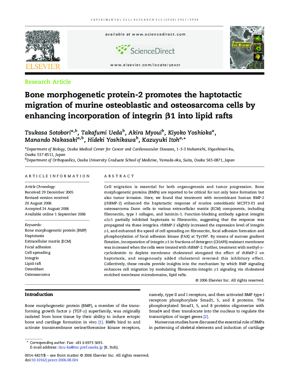 Bone morphogenetic protein-2 promotes the haptotactic migration of murine osteoblastic and osteosarcoma cells by enhancing incorporation of integrin β1 into lipid rafts