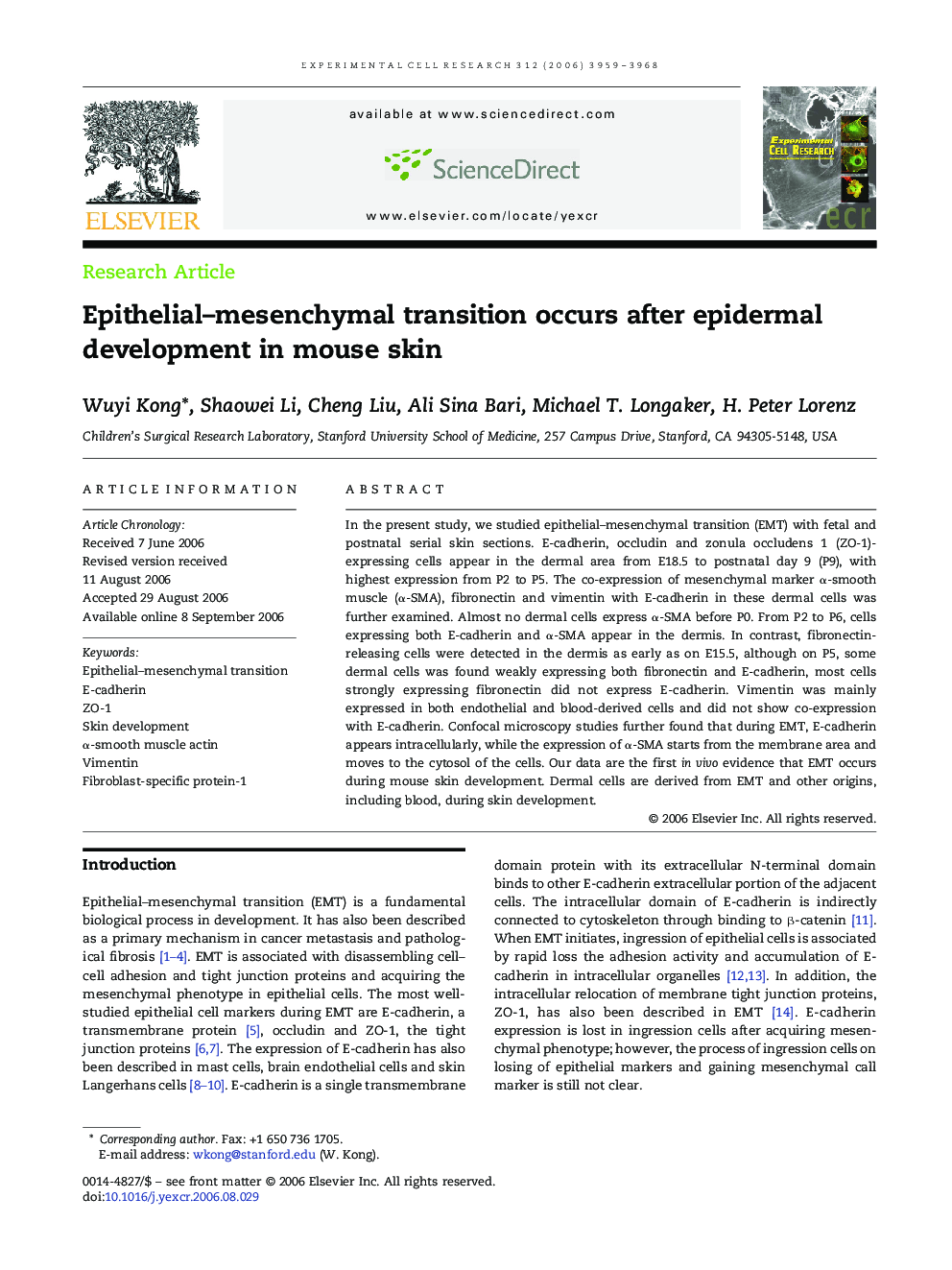 Epithelial–mesenchymal transition occurs after epidermal development in mouse skin