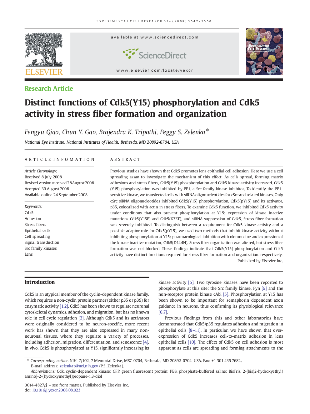 Distinct functions of Cdk5(Y15) phosphorylation and Cdk5 activity in stress fiber formation and organization