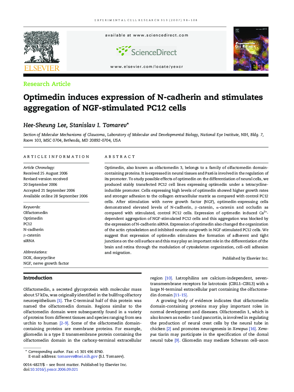 Optimedin induces expression of N-cadherin and stimulates aggregation of NGF-stimulated PC12 cells