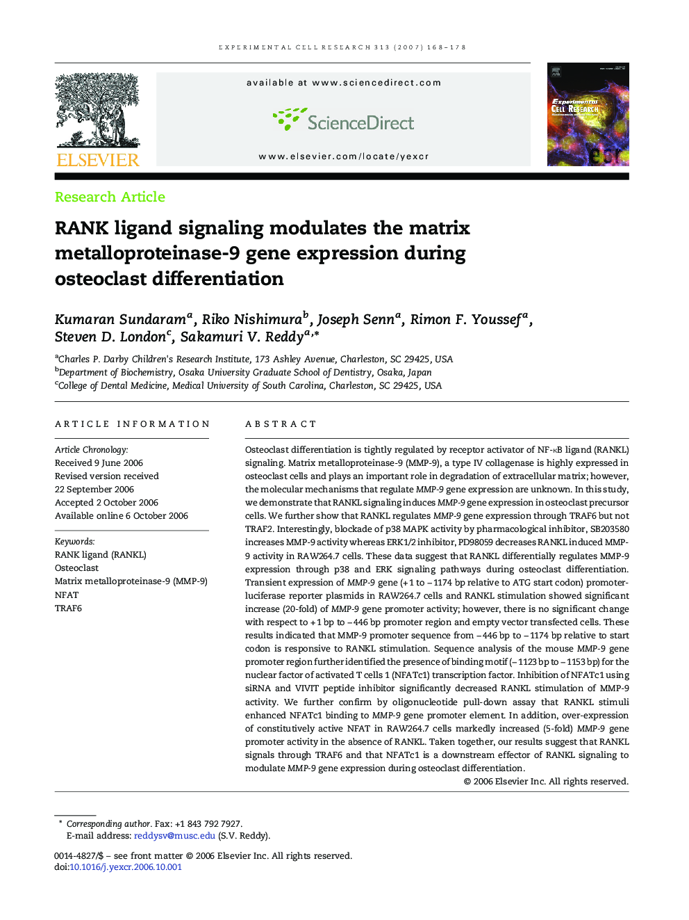 RANK ligand signaling modulates the matrix metalloproteinase-9 gene expression during osteoclast differentiation