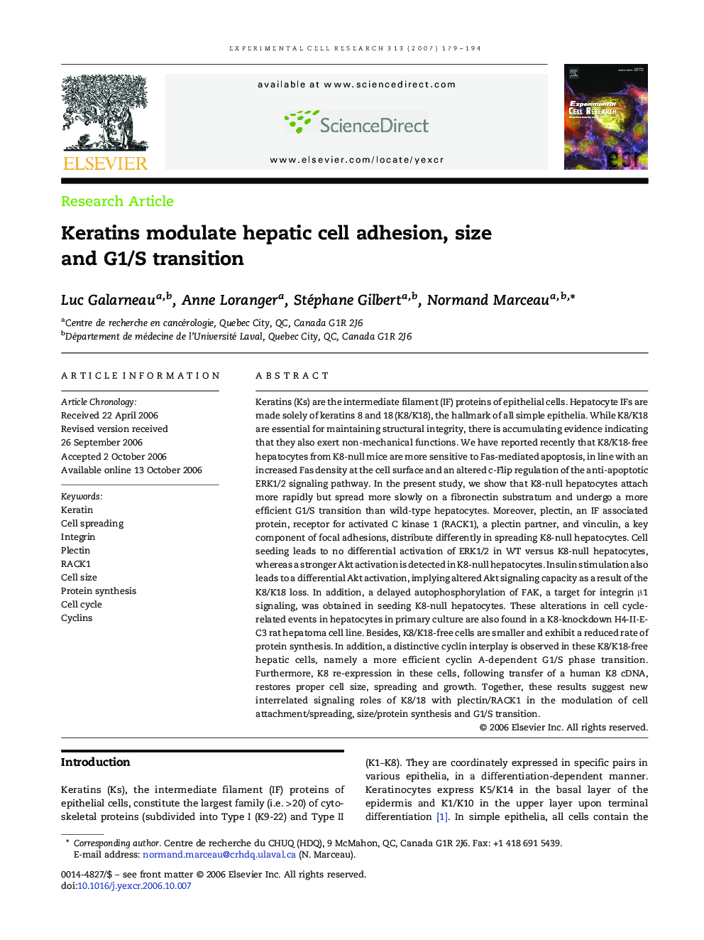 Keratins modulate hepatic cell adhesion, size and G1/S transition