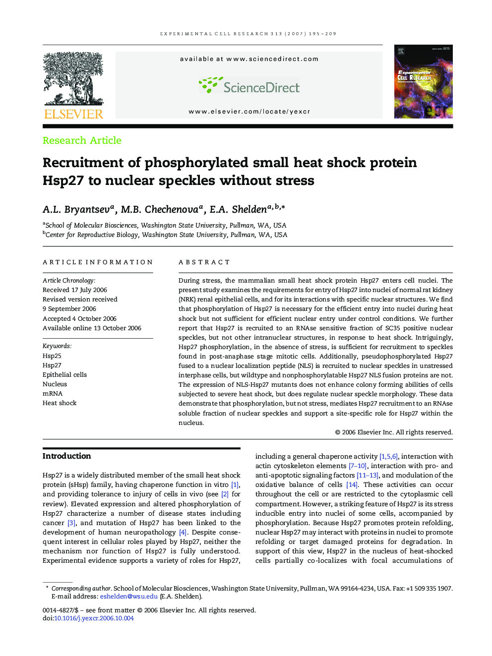 Recruitment of phosphorylated small heat shock protein Hsp27 to nuclear speckles without stress