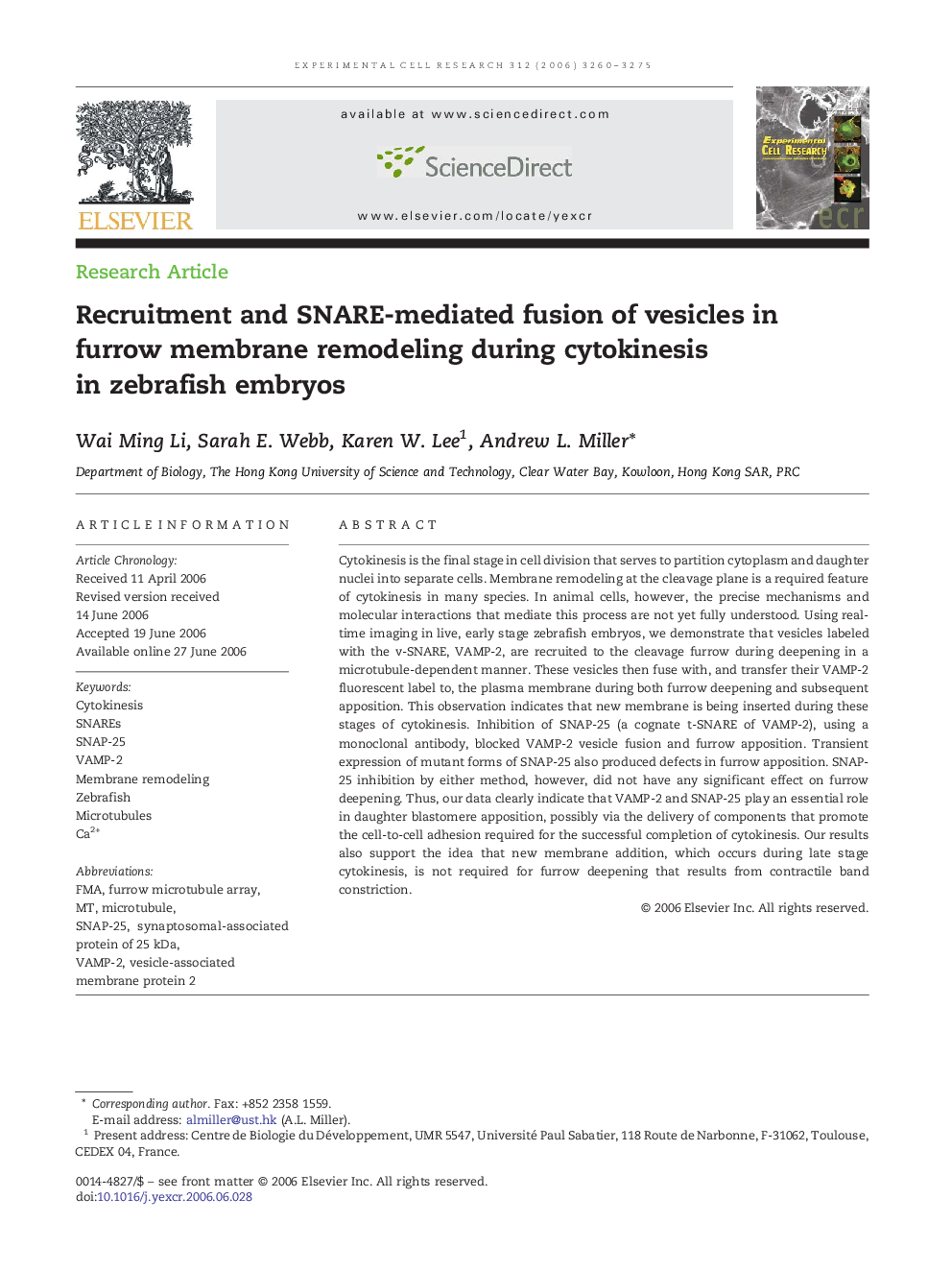 Recruitment and SNARE-mediated fusion of vesicles in furrow membrane remodeling during cytokinesis in zebrafish embryos