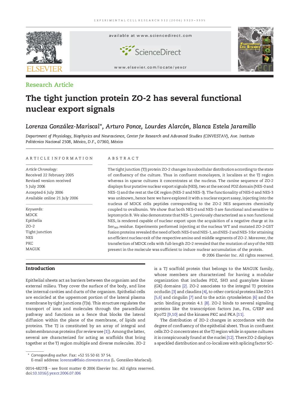 The tight junction protein ZO-2 has several functional nuclear export signals