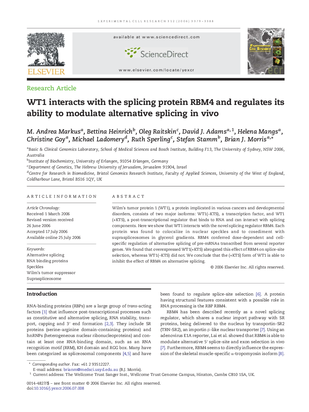 WT1 interacts with the splicing protein RBM4 and regulates its ability to modulate alternative splicing in vivo