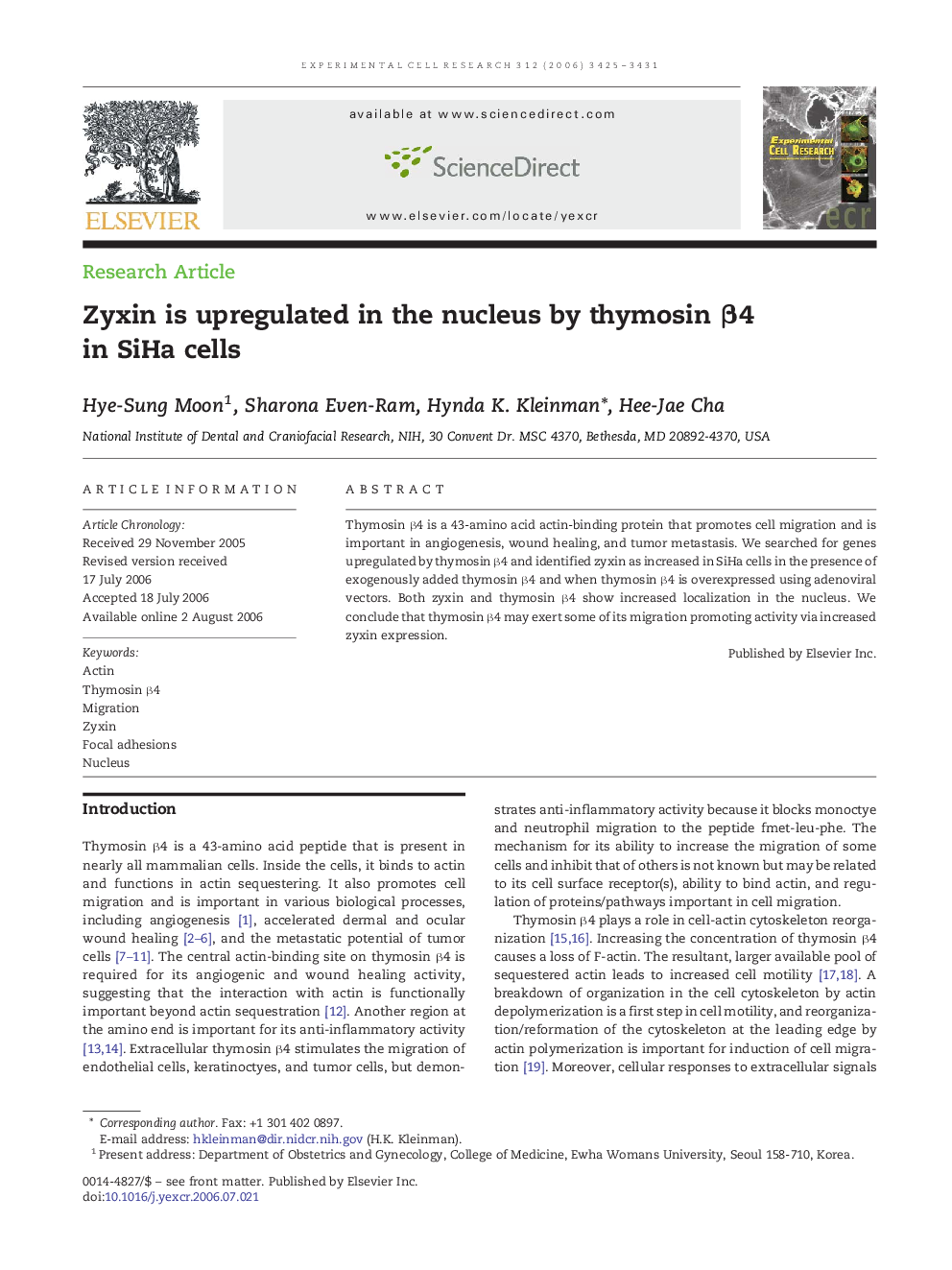 Zyxin is upregulated in the nucleus by thymosin β4 in SiHa cells