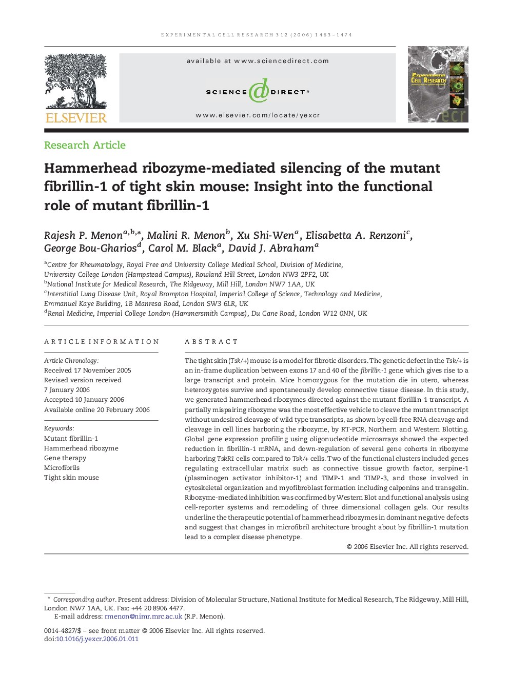 Hammerhead ribozyme-mediated silencing of the mutant fibrillin-1 of tight skin mouse: Insight into the functional role of mutant fibrillin-1