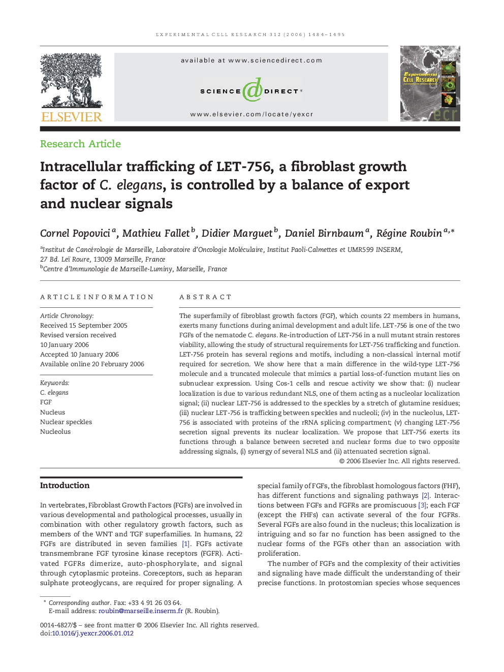 Intracellular trafficking of LET-756, a fibroblast growth factor of C. elegans, is controlled by a balance of export and nuclear signals