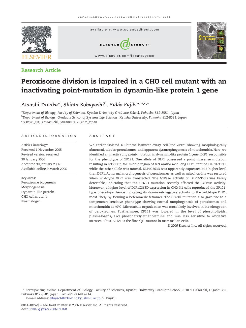 Peroxisome division is impaired in a CHO cell mutant with an inactivating point-mutation in dynamin-like protein 1 gene