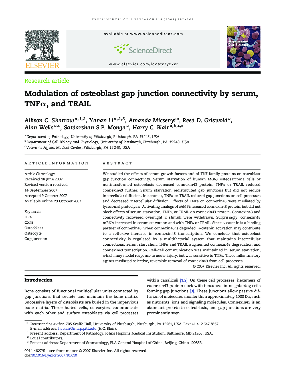 Modulation of osteoblast gap junction connectivity by serum, TNFÎ±, and TRAIL