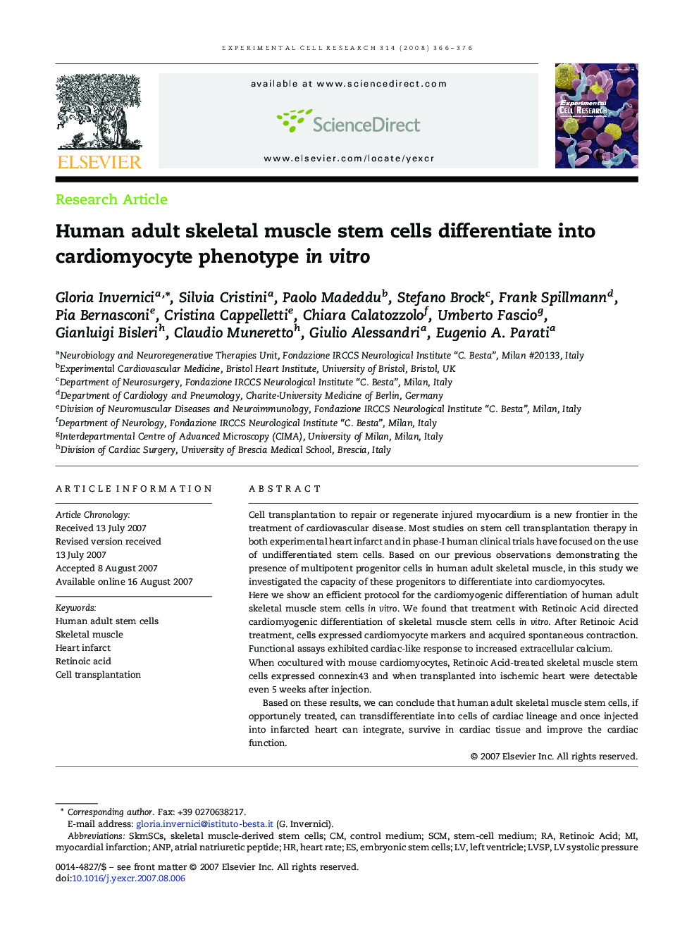 Human adult skeletal muscle stem cells differentiate into cardiomyocyte phenotype in vitro