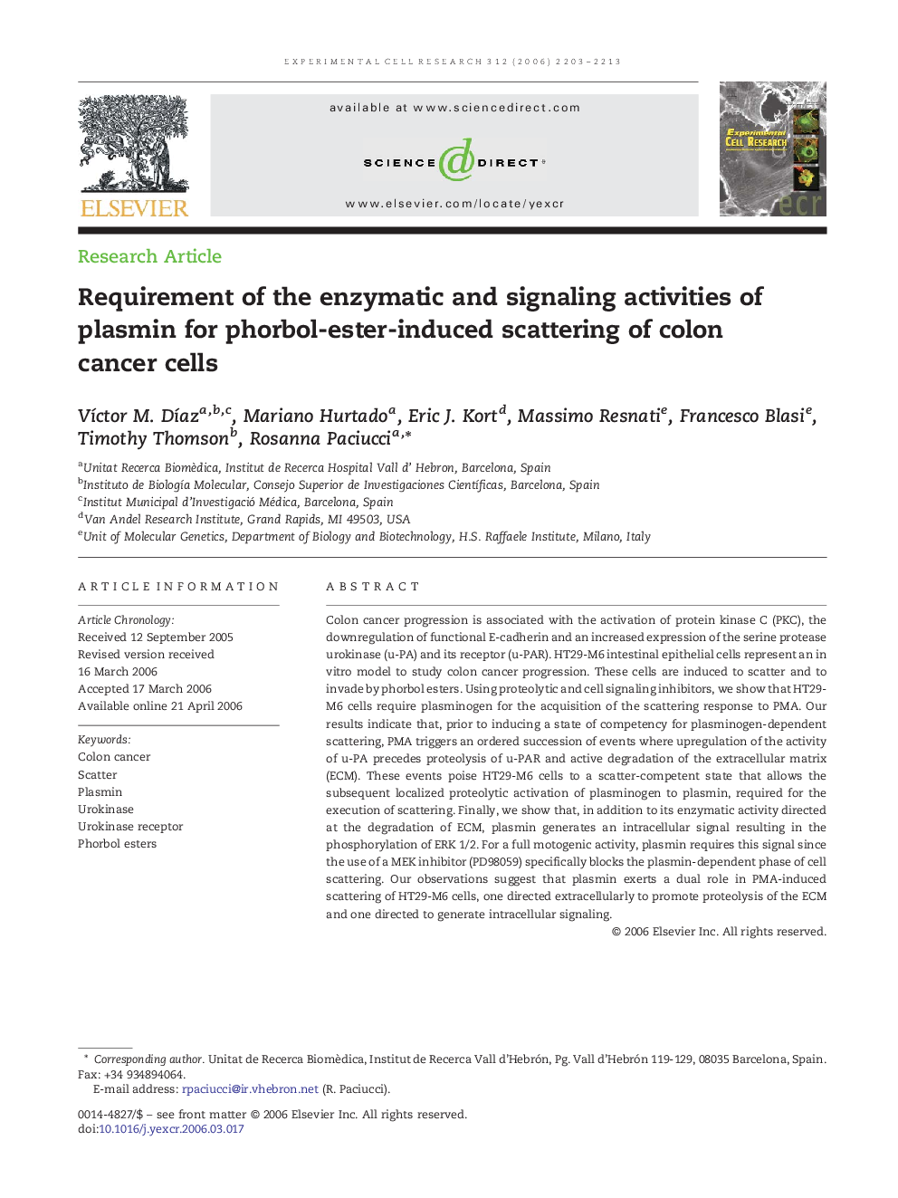 Requirement of the enzymatic and signaling activities of plasmin for phorbol-ester-induced scattering of colon cancer cells