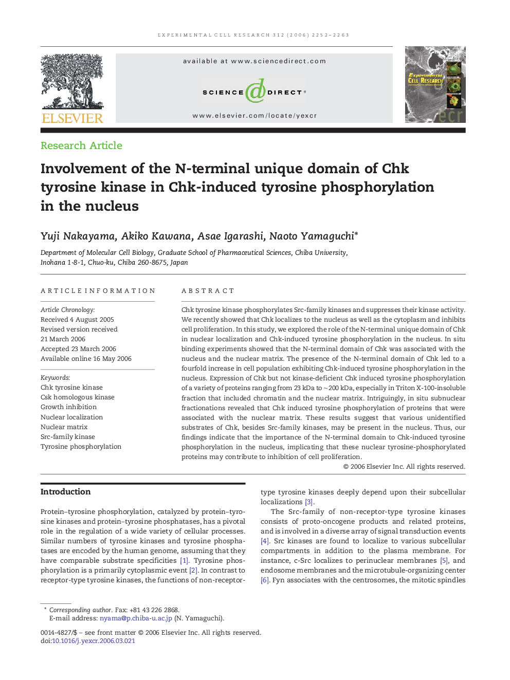 Involvement of the N-terminal unique domain of Chk tyrosine kinase in Chk-induced tyrosine phosphorylation in the nucleus