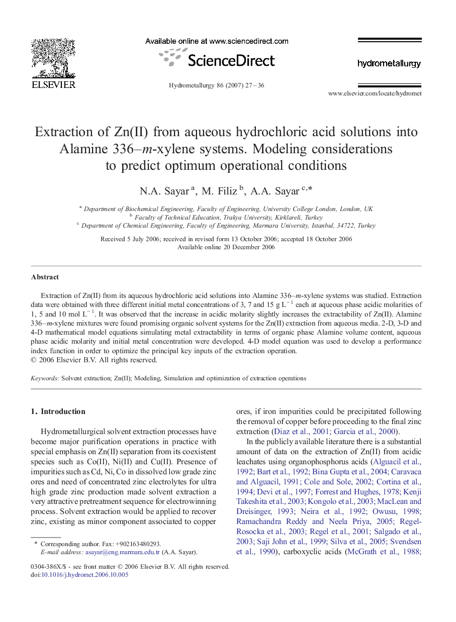 Extraction of Zn(II) from aqueous hydrochloric acid solutions into Alamine 336–m-xylene systems. Modeling considerations to predict optimum operational conditions