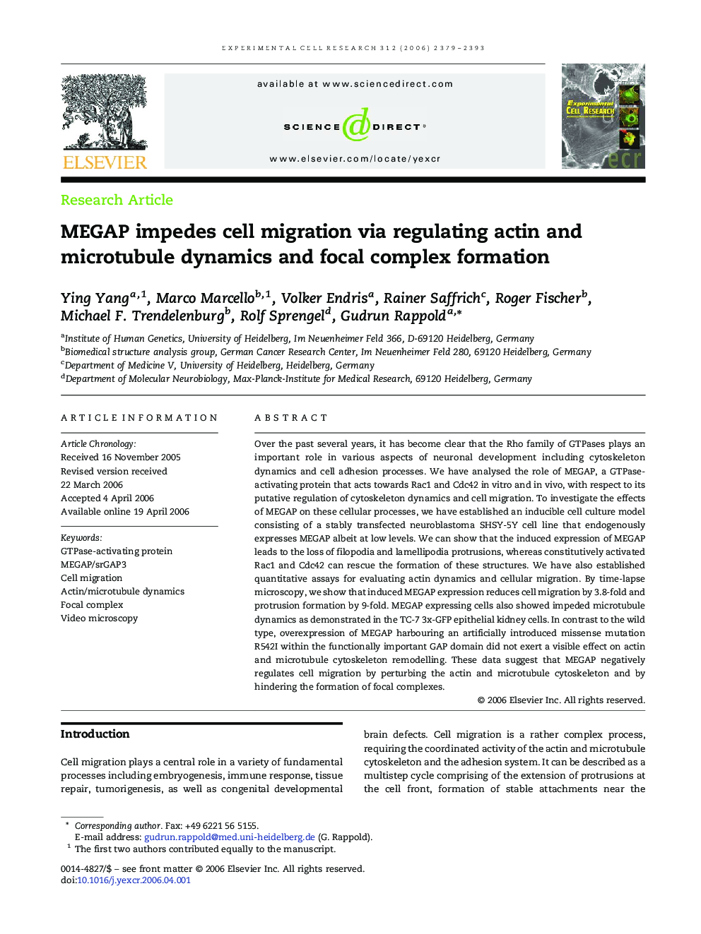 MEGAP impedes cell migration via regulating actin and microtubule dynamics and focal complex formation