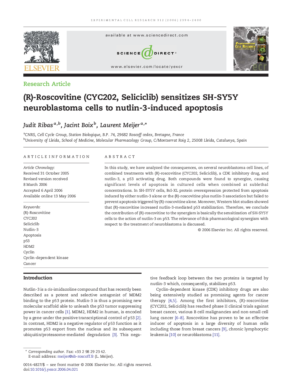 (R)-Roscovitine (CYC202, Seliciclib) sensitizes SH-SY5Y neuroblastoma cells to nutlin-3-induced apoptosis