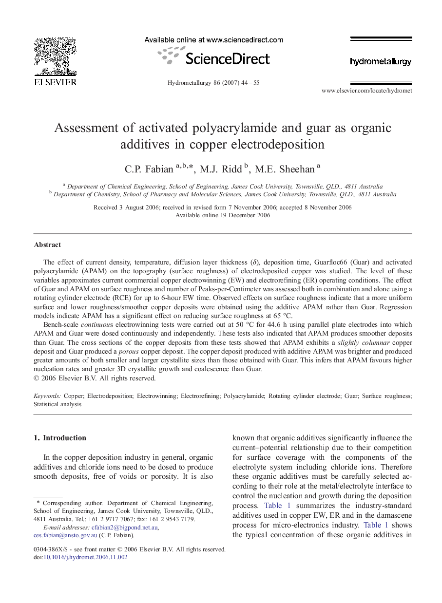 Assessment of activated polyacrylamide and guar as organic additives in copper electrodeposition