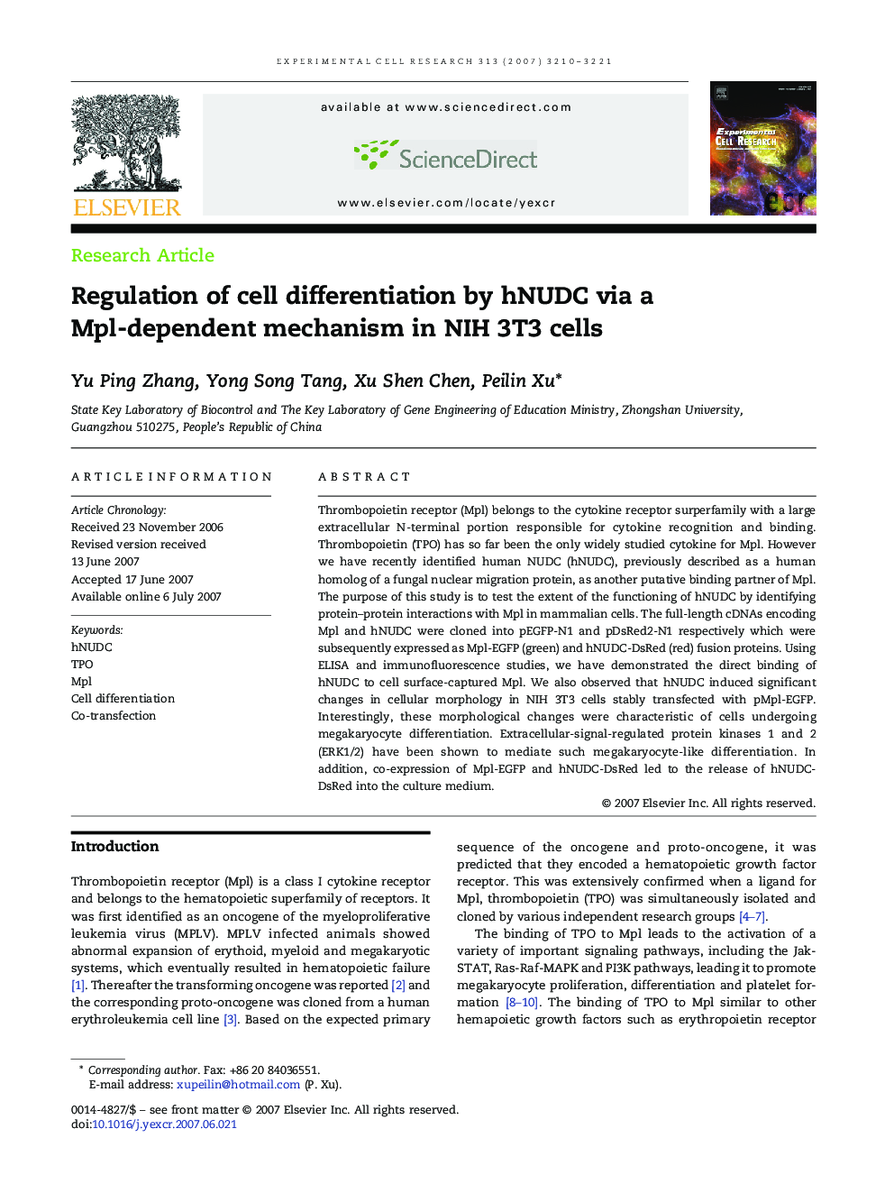 Regulation of cell differentiation by hNUDC via a Mpl-dependent mechanism in NIH 3T3 cells