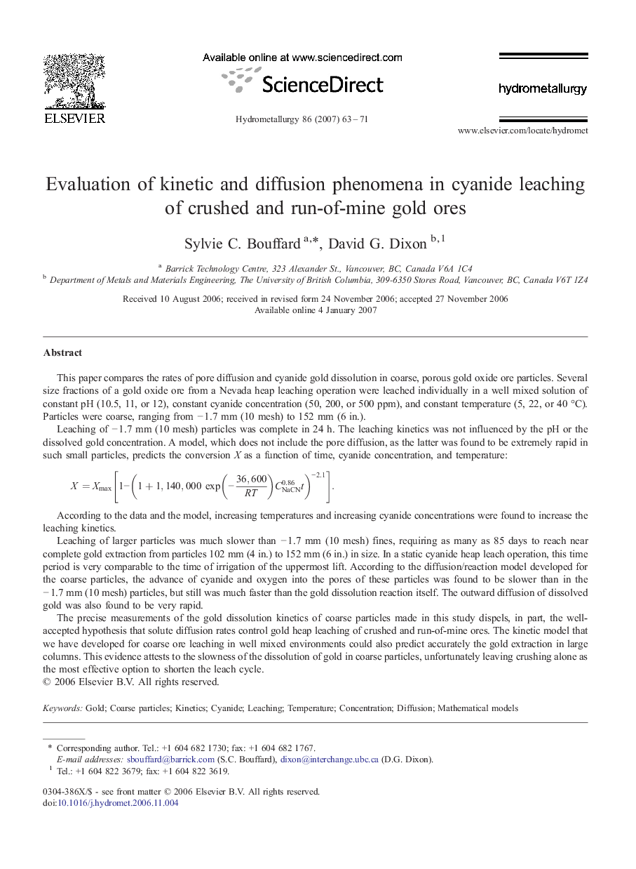 Evaluation of kinetic and diffusion phenomena in cyanide leaching of crushed and run-of-mine gold ores