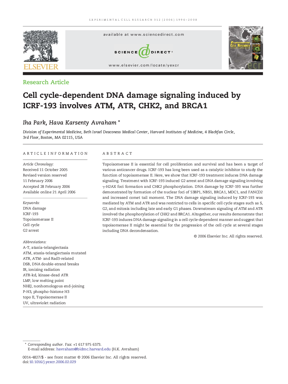 Cell cycle-dependent DNA damage signaling induced by ICRF-193 involves ATM, ATR, CHK2, and BRCA1