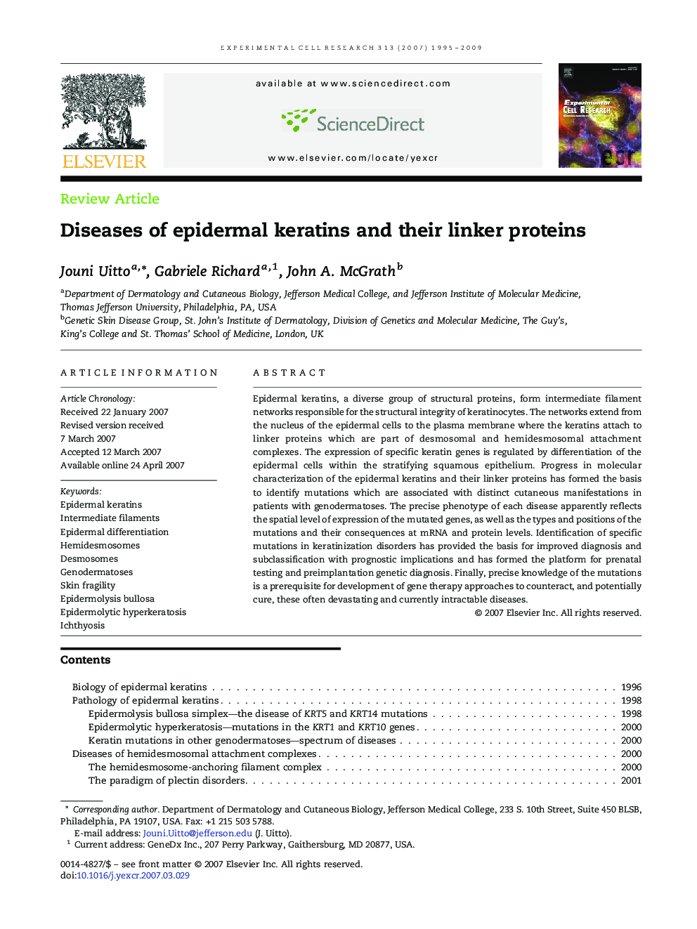 Diseases of epidermal keratins and their linker proteins