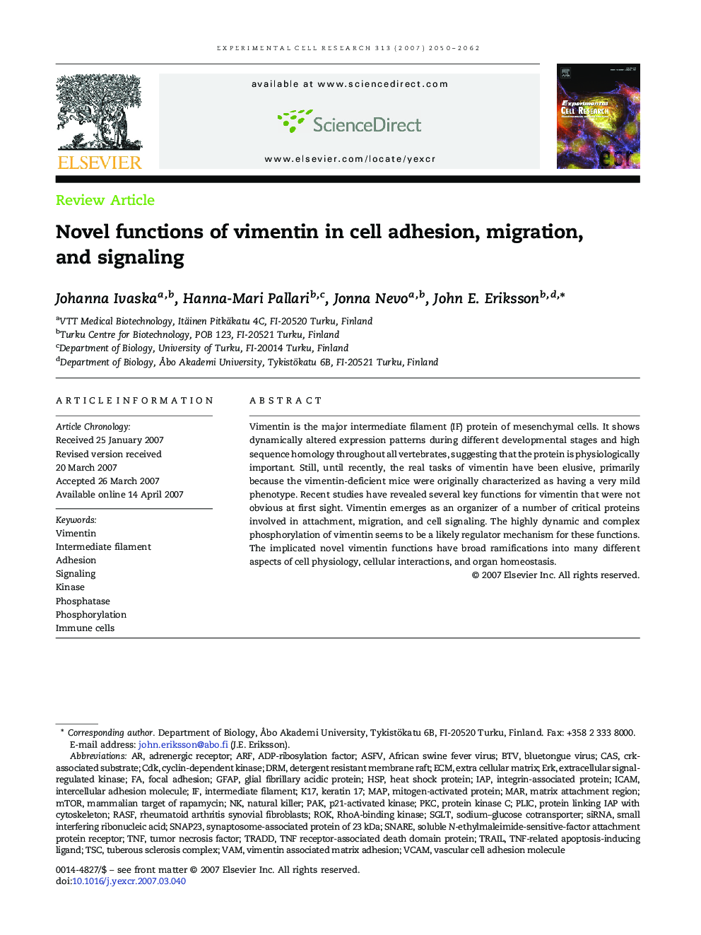 Novel functions of vimentin in cell adhesion, migration, and signaling