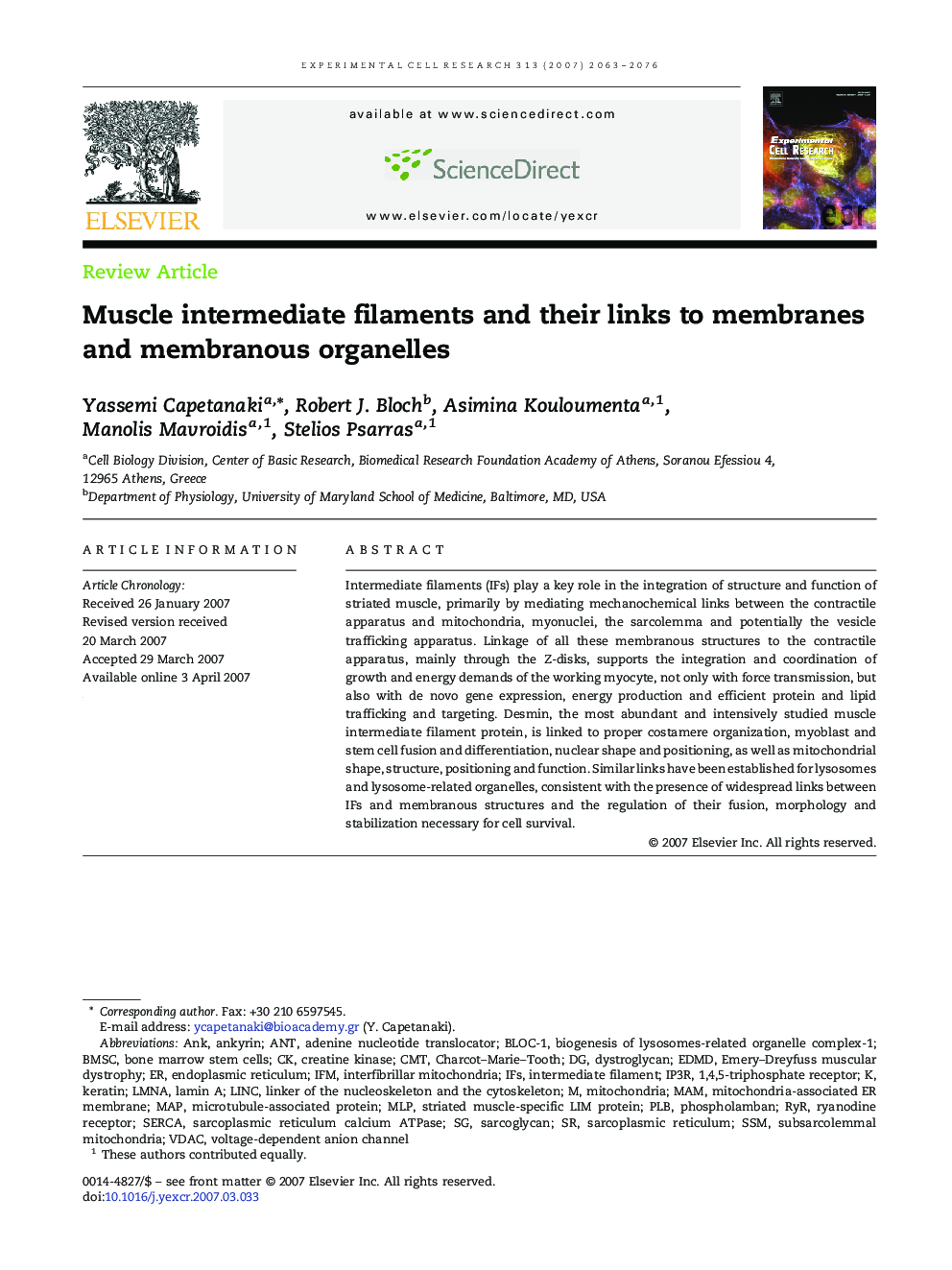 Muscle intermediate filaments and their links to membranes and membranous organelles