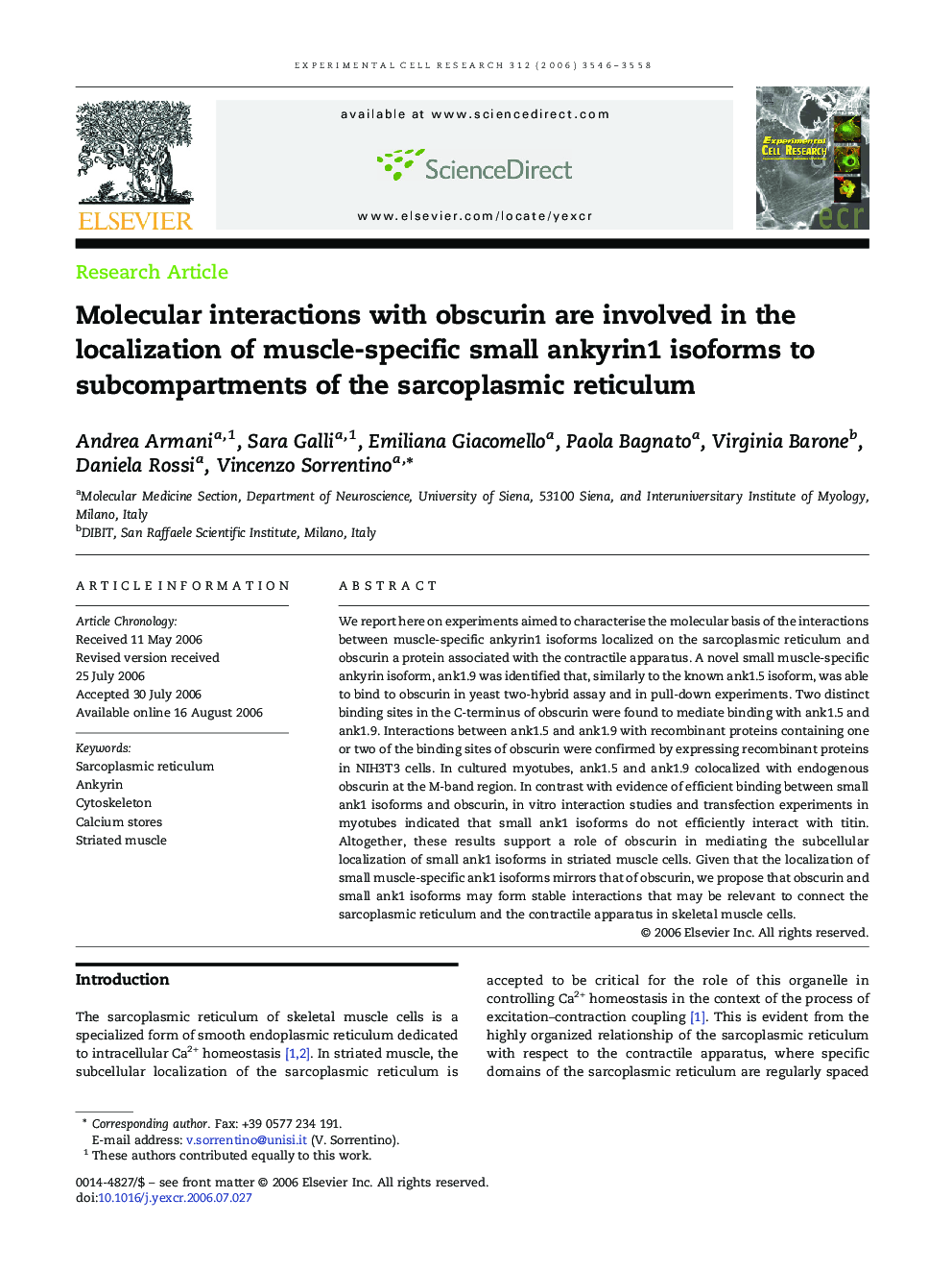 Molecular interactions with obscurin are involved in the localization of muscle-specific small ankyrin1 isoforms to subcompartments of the sarcoplasmic reticulum