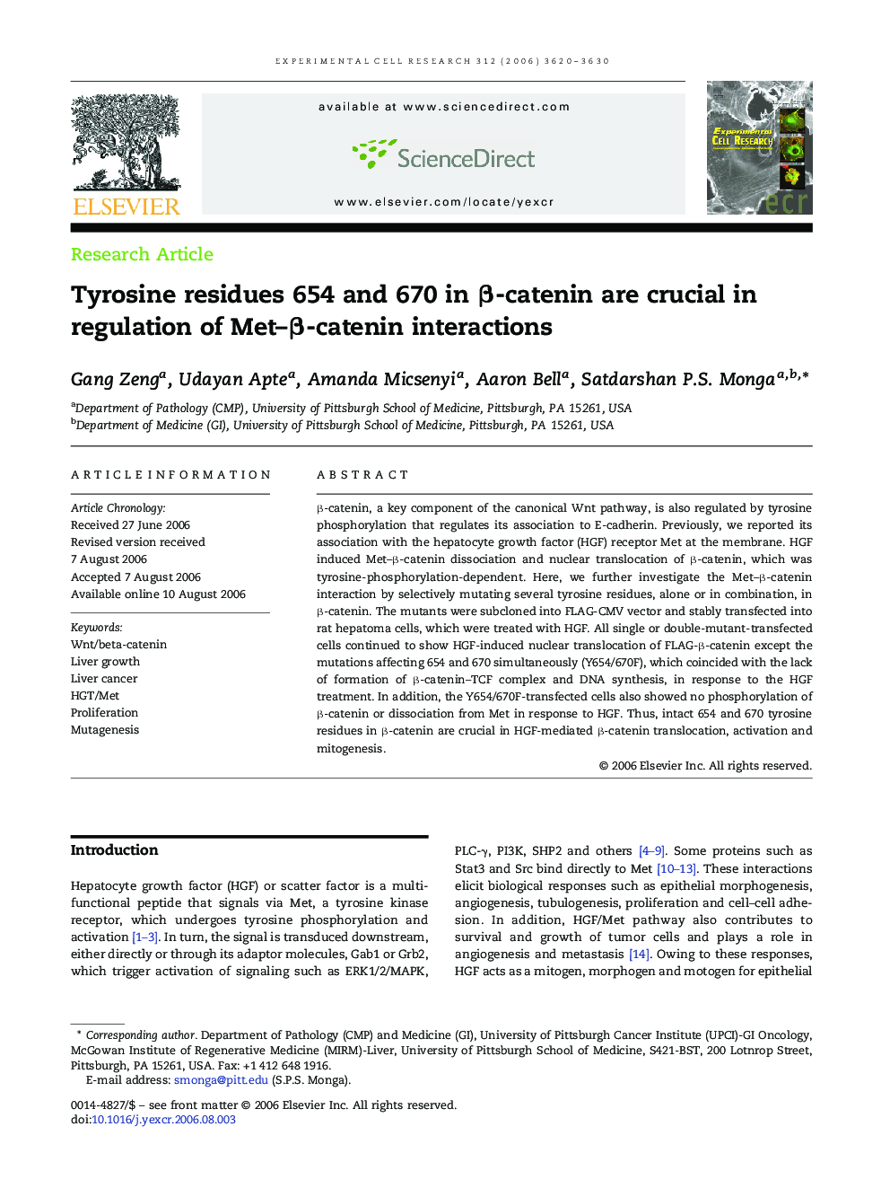 Tyrosine residues 654 and 670 in β-catenin are crucial in regulation of Met–β-catenin interactions