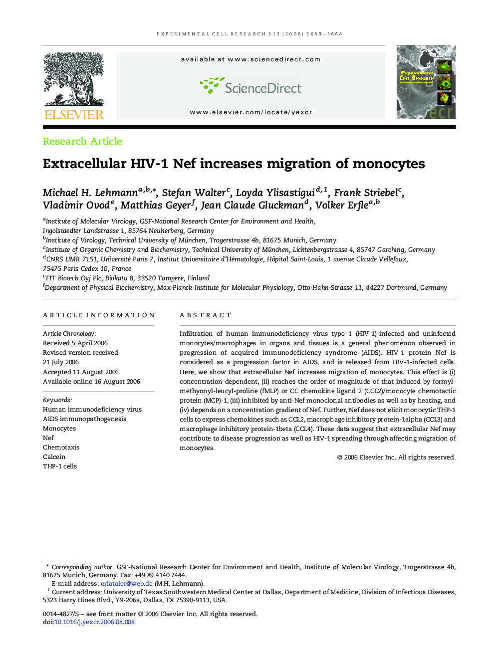 Extracellular HIV-1 Nef increases migration of monocytes