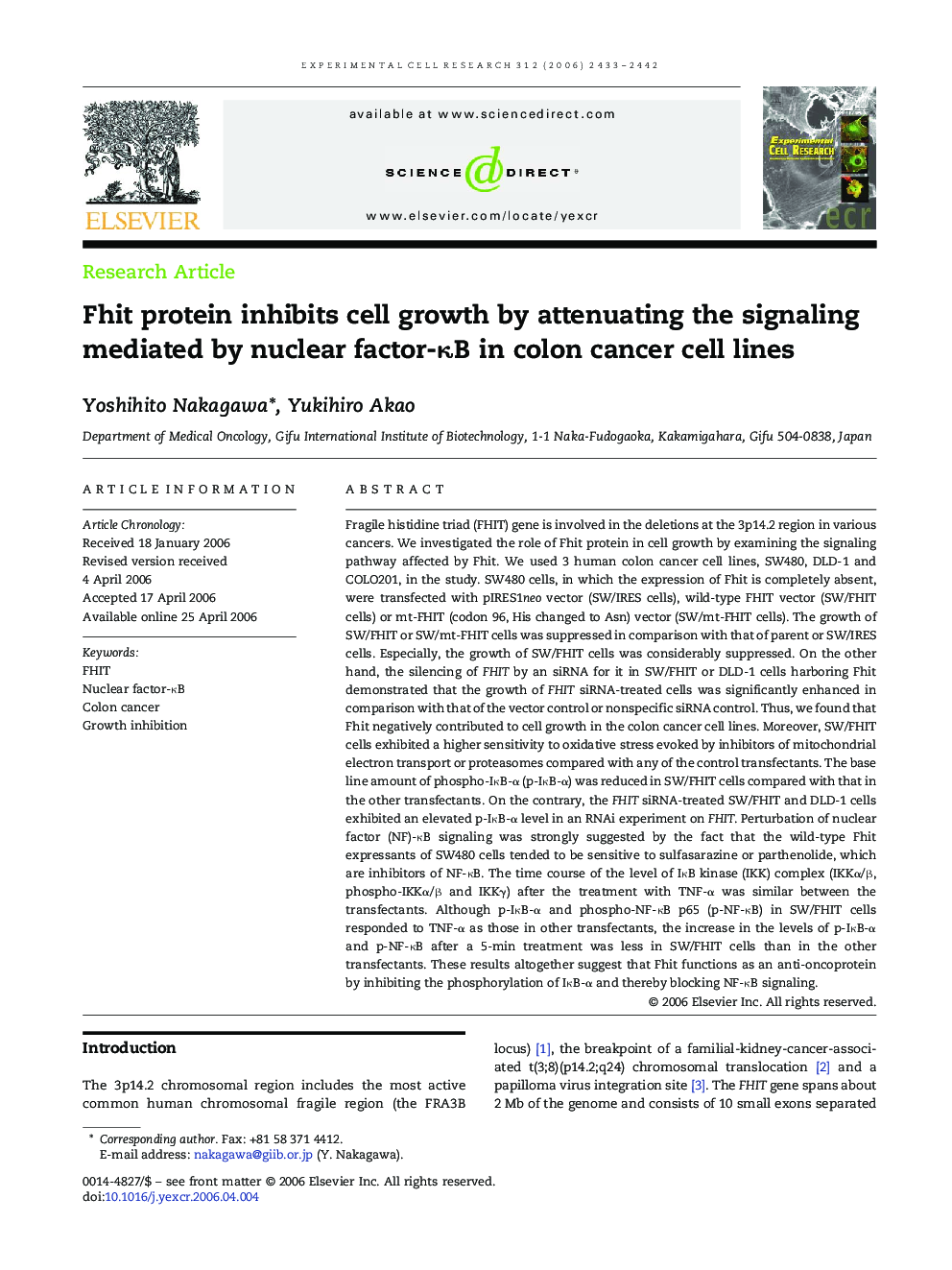 Fhit protein inhibits cell growth by attenuating the signaling mediated by nuclear factor-κB in colon cancer cell lines