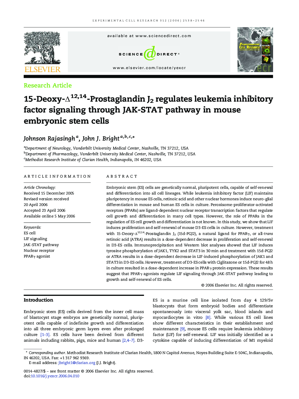 15-Deoxy-Δ12,14-Prostaglandin J2 regulates leukemia inhibitory factor signaling through JAK-STAT pathway in mouse embryonic stem cells