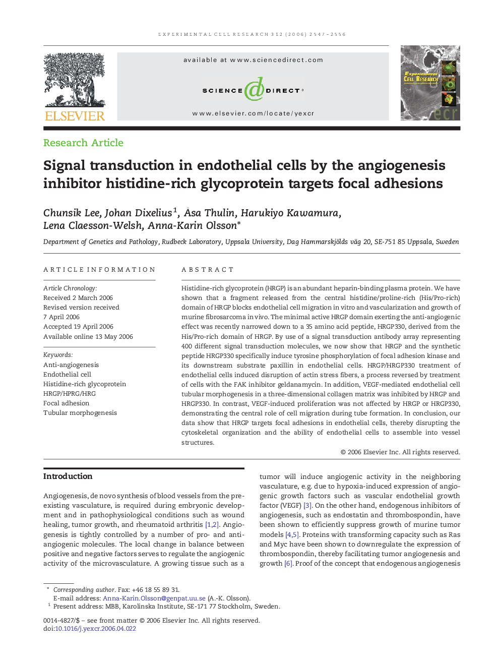 Signal transduction in endothelial cells by the angiogenesis inhibitor histidine-rich glycoprotein targets focal adhesions