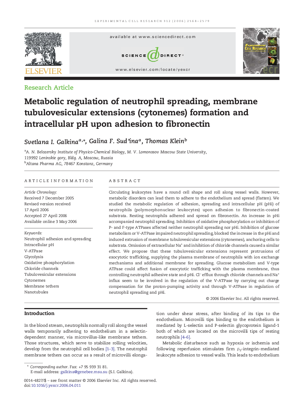 عکس صفحه اول مقاله: Metabolic regulation of neutrophil spreading, membrane tubulovesicular extensions (cytonemes) formation and intracellular pH upon adhesion to fibronectin Metabolic regulation of neutrophil spreading, membrane tubulovesicular extensions (cytonemes) formation and intracellular pH upon adhesion to fibronectin